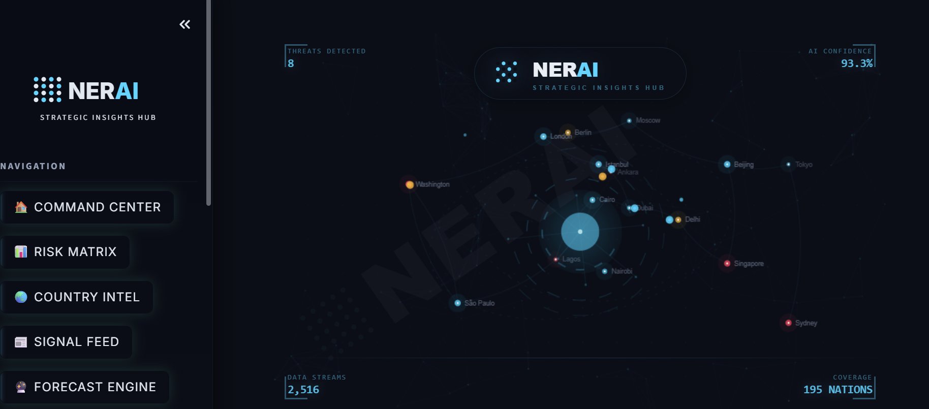 NERAI Strategic Insights Hub — Command Center world intelligence map